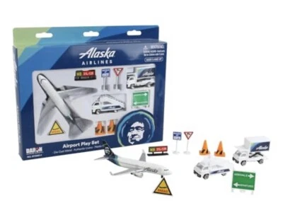 NEW Alaska Airlines DARON Die Cast Metal Airport Play Set Toy Plane Truck Signs - Image 1 of 4