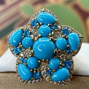 Anello in argento oro giallo 18 kt con zirconi turchesi 6,25 ctw Bella Addormentata misura 5 - Foto 1 di 8