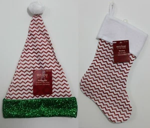 2-SET Zigzag de Media & Gorro Papa Noel Rojo Blanco Navidad Holiday Living - Imagen 1 de 4