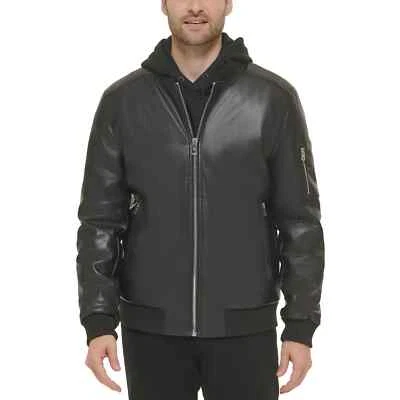 Calvin Klein Men's Faux-Leather Bomber Jacket with Rib-Knit Trim Black, L - Image 1 of 4
