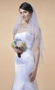 Ivory Veil 2 Tier Handmade waist length Beaded luxury Soft Tulle Bridal Wedding - Picture 1 of 13