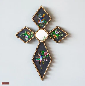 Croce in legno peruviana decorazione parete | vetro dipinto a mano | regalo cristiano cattolico - Foto 1 di 9