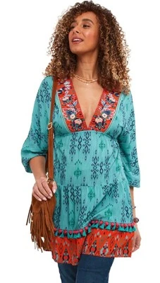 JOE BROWN'S Top Ibiza Boho Green Red Embroidered V Neck Fit & Flare UK 18 NEW - Image 1 of 4