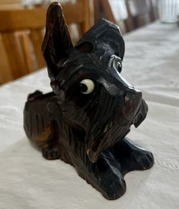 Syroco Wood Scottish Terrier Match Holder & Ashtray Glass Eyes Vintage Kitschy - Picture 1 of 10