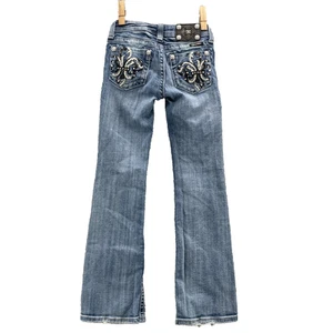 Miss Me Jeans Youth 10 24x27* Low Bootcut Western Y2k Cowgirl Rodeo Biker Moto - Picture 1 of 13