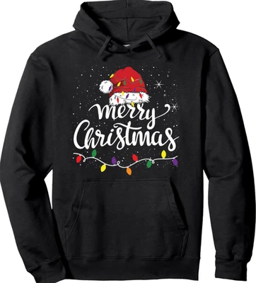 圣诞灯连帽衫-红色圣诞老人帽子圣诞快乐家庭男女通用运动衫 — 第 1/4 张图片