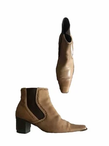 Vintage Boots Beige Distressed Leather Ankle Cowboy Small Block Heel 3 36 VGC - Picture 1 of 8