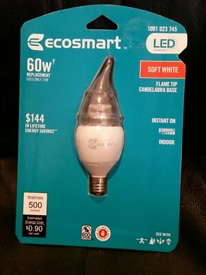 Ecosmart 60W Soft White LED Light Bulb Candelabra Base Dimmable LED Flame Tip  - Image 1 of 2