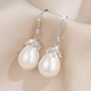 Elegante Orecchino a Goccia d'Oro 925 Riempito Argento 925 Donna Gioielli Perla Bianca Un Paio - Foto 1 di 6