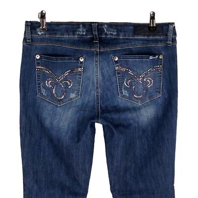 Seven7 womens slim boot jeans 8 stretch rhinestone distressed zip coin pocket - Image 1 of 4