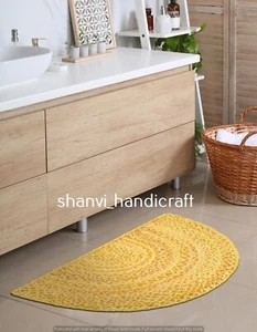 Handmade Multi Yellow Chindi Braided Cotton Rug Half Round Floor Bedroom Carpet - Picture 1 of 18