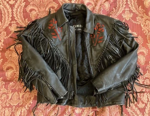 Womens XS Yukon Jack Leathers Fringe Jacket Lined w/ Red Rose Vintage Patina! - Picture 1 of 24