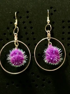 Silver Earrings Purple Dangle/Purple Furry Pom Poms Jewelry Artisan Designed - Picture 1 of 3