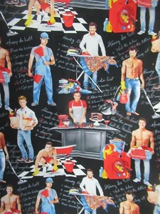 Timeless Treasures Fabrics Fun Hot Men at Work Black 24" X 43" W RARE NEW - Picture 1 of 8