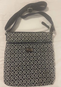 Tommy Hilfiger Crossbody Satchel Handtasche Navy Blau Logo Muster Reißverschluss 11x10" Tasche - Bild 1 von 11