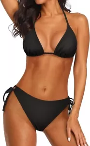 Women Triangle Bikini Two Piece Sexy Halter Ribbed Swimsuit Tie Side, Size M - Picture 1 of 6