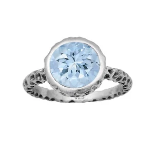 Vintage Style 7MM Round Aquamarine 925 Sterling Silver Solitaire Women Ring - Picture 1 of 8