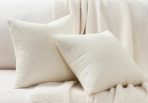 18x18 Cream White Corduroy Chenille Corn Stripe Plush Textured Pillow Covers M2 - Picture 1 of 2