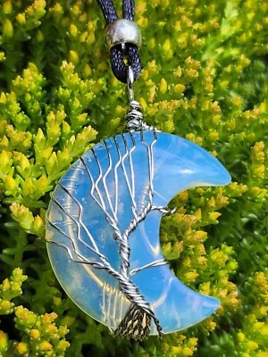 Tree of life Opalite Moon Pendant Cord Necklace Crescent Wire Wrapped Jewellery - Image 1 of 4