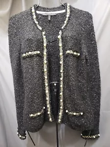 White House Black Market Jacket Women 8 Black Cardigan Open Front Pearl Sweater  - Picture 1 of 6