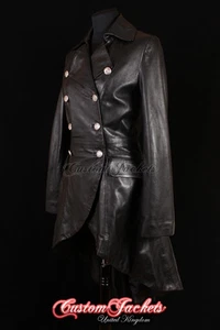 mujer ENVY Negro Victoriano Militar Alto Moderno largo chaqueta de cuero FRAC - Picture 1 of 11