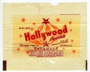 Envoltura de barra de caramelo de chocolate Hollywood de la década de 1940 1-1/2 oz - Centralia Illinois - Imagen 1 de 2