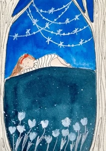 ACEO Original Watercolour  Dreams, Fantasy, sleeping Girl, Imagination,Night, - Picture 1 of 5