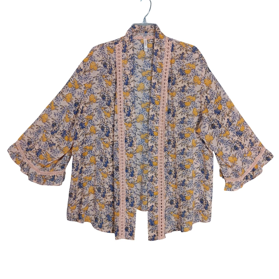 Kimono/Cardigan Xhilaration Bohemio Estampado Floral Talla M/L Floral Azul Amarillo Foto 1 de 4
