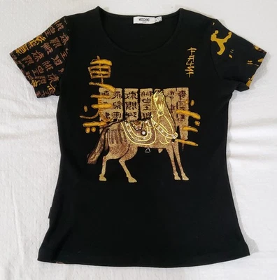 Pantalones de mezclilla MOSCHINO - Camiseta negra de diseñador con cuentas de caballo para mujer - Talla 4 Foto 1 de 4