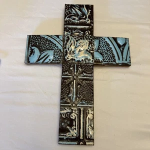 Handmade Wood cross with aluminum tiles. Attached.  Blue/black - Picture 1 of 7