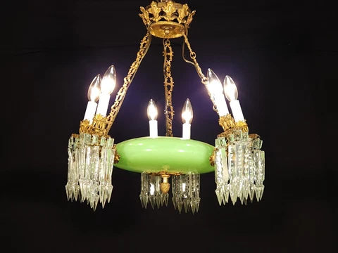 ANTIQUE 1930s Green Opalescent Glass 6 Lite Bronze Serrated Crystal Chandelier Cover