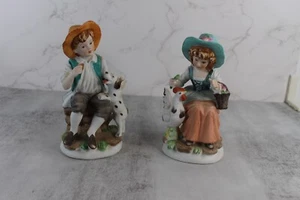 Vintage Porcelain Figurines - Country Girl W/ Chicken & Boy W/Dog - Set of 2 - Picture 1 of 7