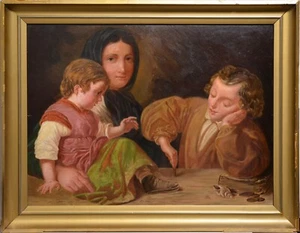 Family Portrait Mother with Children Playing Coins Framed Antique Oil Painting - Picture 1 of 8