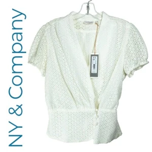 NWT NEW YORK & COMPANY EVA MENDES WHITE EYELET PEPLUM BLOUSE, SIZE MEDIUM - Picture 1 of 8