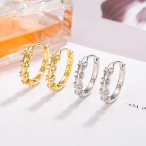 925 Sterling Silver 4 CZ Crystal Butterfly Ring Hoop Huggie Earrings Girls Gift - Picture 1 of 13