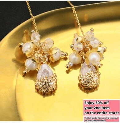Crystal Freshwater Pearl Earrings Bohemian Baroque Dangle Tassel Drop 925 Silver - Image 1 of 4