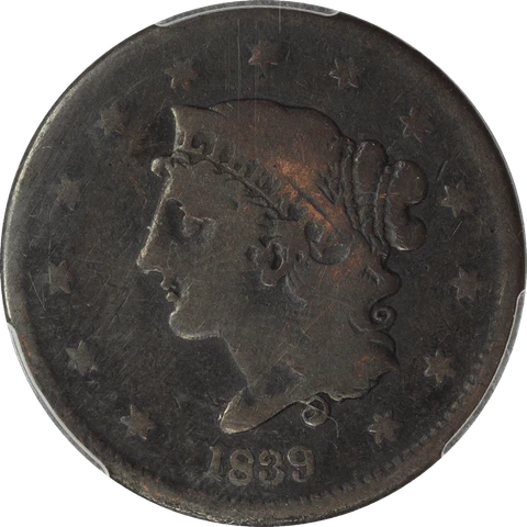 1839  Booby Head Coronet Head Large Cent 1c, PCGS G 06 Cover