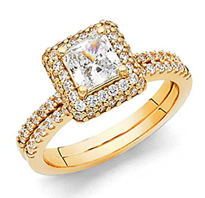 3 Ct Princess Cut Real 14K Yellow Gold Engagement Wedding Ring Set Matching Band