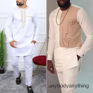 New Men's Traditional African Clothing Dashiki Long Sleeve Two-piece Set Elegant - Picture 1 of 34