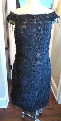 New STUNNING Oscar De La Renta Black Silk Dress With Feathers & Corset  Size 12 - Image 1 of 4