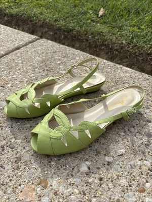 女士 Annie 绿色露趾露背平底凉鞋 尺寸 6.5WW Dressy 职业 — 第 1/4 张图片