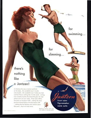 Jantzen 1951 pelirroja en verde y águila de ginebra Fleischmann anuncio impreso vintage de 2 caras Foto 1 de 2