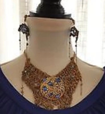 Encantador conjunto de collar de cristal azul dorado estilo antiguo hecho a medida joyas Bijou Foto 1 de 2
