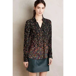 ANTHROPOLOGIE Maeve Wynwood Rainbow Polka Dot Pleated Button Up Blouse Shirt 8 - Picture 1 of 11