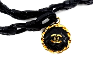 Authentic CHANEL Black Woven Leather Belt w/ 1.75" x 1" Leather & Metal CC Charm - Picture 1 of 5