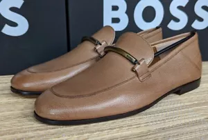 Hugo Boss men's Loafers Soho, all leather, Made in Italy, metal front logo bar - Picture 1 of 15
