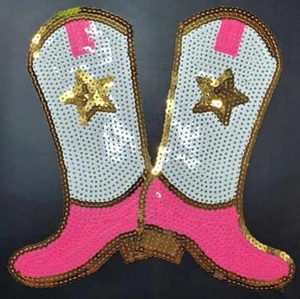 8"x8" - Cowgirl Boots - Iron On - Sequined Clothing Patch - DIY Crafts - Picture 1 of 2