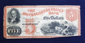 Billete de banco de $5 de 1858 Monongahela Valley Bank Pennsylvania PA - Imagen 1 de 4
