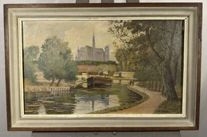 Oil on Canvas Signed: Landing Craft On Un Canal View Alleged Strasbourg - Picture 1 of 11