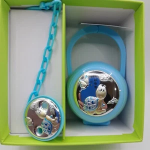 SET FERMA/PORTACIUCCIO BIMBO CELESTE, ARGENTO 800 , NUOVO - Picture 1 of 3
